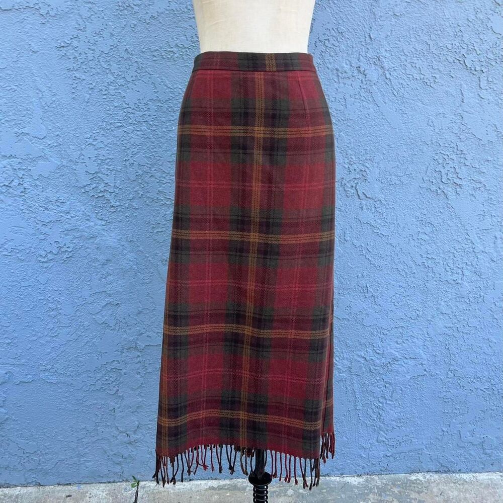 Plaid Wool Blend Skirt with Fringe Southwestern midi size 18